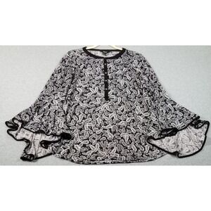 Investments Blouse Women's Medium M Black White Paisley Long Bell Sleeve Stretch
